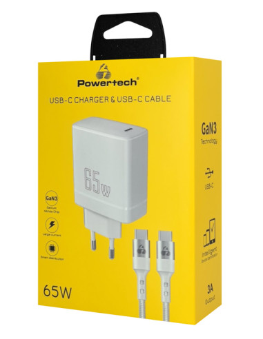 POWERTECH φορτιστής τοίχου PT-1181 με καλώδιο, USB-C, 65W, GaN, λευκός