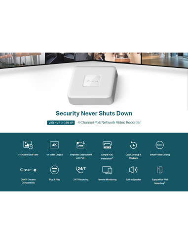 TP-LINK NVR καταγραφικό VIGI NVR1104H-4P, 8MP, 4 κανάλια PoE+, Ver. 1.0