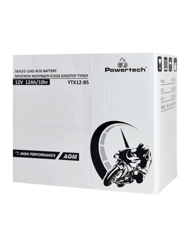 POWERTECH μπαταρία μολύβδου μοτοσυκλέτας PT-1207, 12V 12Ah AGM, YTX12-BS