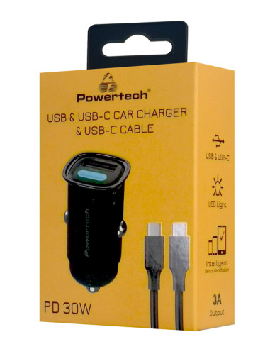 POWERTECH φορτιστής αυτοκινήτου PT-1229, καλώδιο, USB/USB-C, 30W, μαύρος