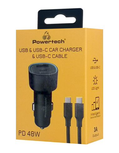 POWERTECH φορτιστής αυτοκινήτου PT-1230, καλώδιο, USB/USB-C, 48W, μαύρος