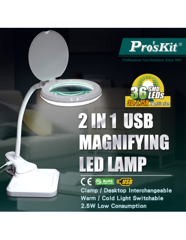 PROSKIT μεγεθυντικός φακός MA-1010U, κλιπ & βάση, LED, 3D 1.75x, λευκός