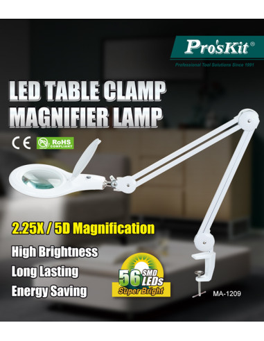 PROSKIT μεγεθυντικός φακός MA-1209LI με σφιγκτήρα, LED, 5D 2.25x, λευκός