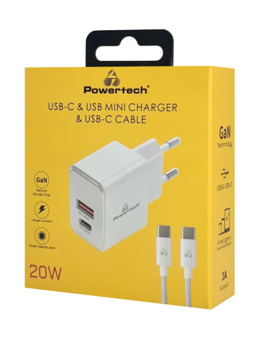 POWERTECH φορτιστής τοίχου PT-1248, καλώδιο, USB/USB-C, 20W, GaN, λευκός