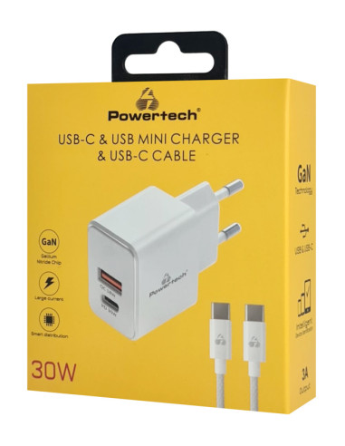 POWERTECH φορτιστής τοίχου PT-1249, καλώδιο, USB/USB-C, 30W, GaN, λευκός