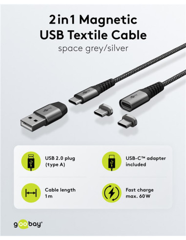 GOOBAY καλώδιο USB/USB-C σε USB-C 65653, μαγνητικό, 60W, 1m, γκρι