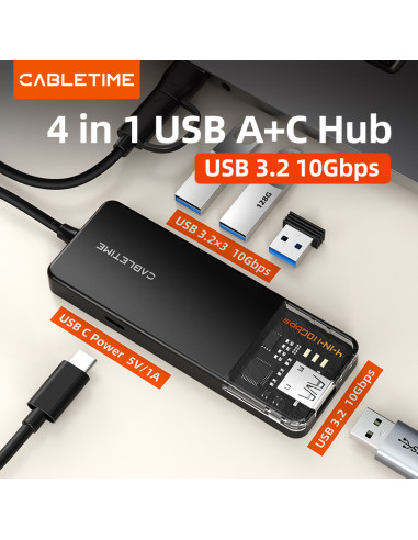 CABLETIME USB hub CT-HUBT5-PB, 4x θυρών, 10Gbps, USB/USB-C σύνδεση, μαύρο