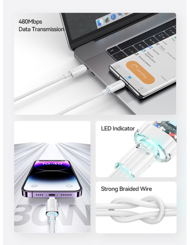 USAMS καλώδιο Lightning σε USB-C US-SJ659, 30W, 480Mbps, 1.2m, λευκό