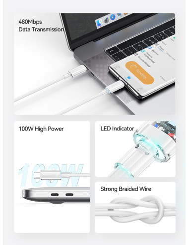 USAMS καλώδιο USB-C σε USB-C US-SJ660, 100W, 480Mbps, 1.2m, λευκό