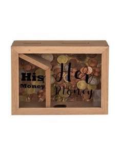Κουμπαράς - κορνίζα ξύλινος με δύο θήκες «His money - Her money», Υ15x20x5εκ.