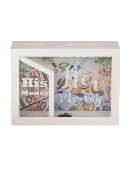 Κουμπαράς-κορνίζα λευκός, με δύο θήκες «His money - Her money», Υ15x20x5εκ.