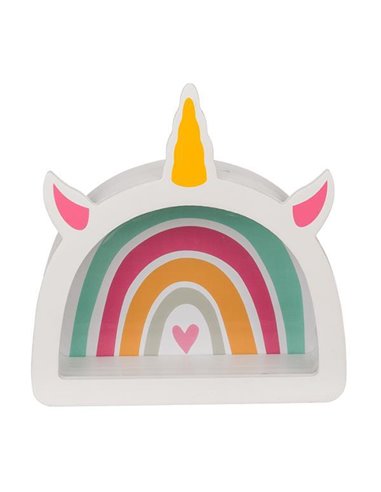 Κουμπαράς - κορνίζα ξύλινος «Rainbow unicorn»  Υ18x5xØ17,5εκ.