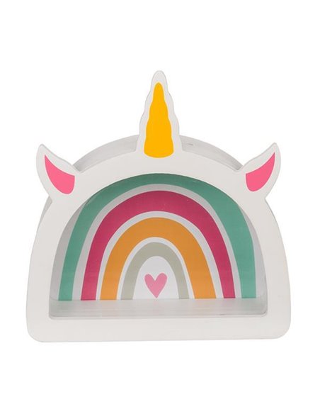 Κουμπαράς - κορνίζα ξύλινος «Rainbow unicorn»  Υ18x5xØ17,5εκ.