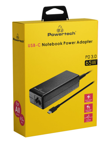 POWERTECH φορτιστής laptop PT-1319, USB-C PD 3.0, universal, 65W, μαύρος