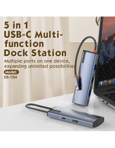 LDNIO docking station DS-15H, 5 θυρών, USB-C σύνδεση, 4K, 100W PD, γκρι