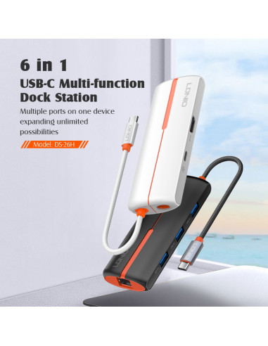 LDNIO docking station DS-26H, 6 θυρών, USB-C σύνδεση, 4K, 100W PD, λευκό