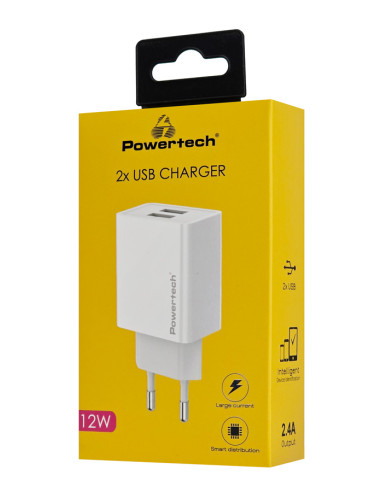 POWERTECH φορτιστής τοίχου PT-1321, 2x USB, 12W, λευκός