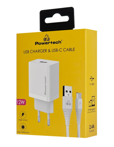 POWERTECH φορτιστής τοίχου PT-1322 με καλώδιο USB-C, USB, 12W, λευκός