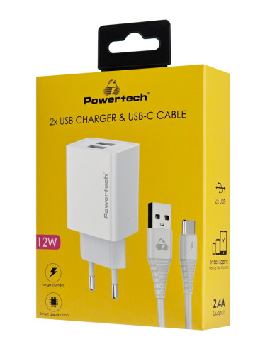 POWERTECH φορτιστής τοίχου PT-1324 με καλώδιο USB-C, 2x USB, 12W, λευκός