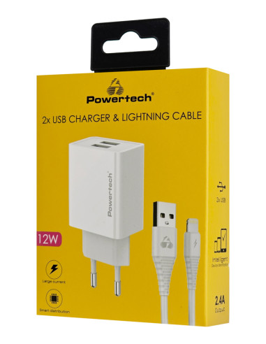 POWERTECH φορτιστής τοίχου PT-1325 με καλώδιο Lightning, 2x USB, 12W, λευκός