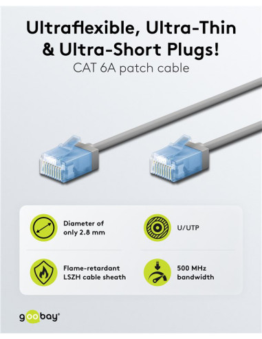 GOOBAY καλώδιο δικτύου 74222, CAT 6A U/UTP, slim, copper, 10Gbps, 1m, γκρι