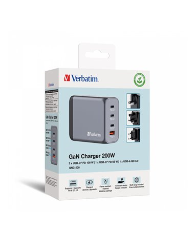 Verbatim GNC-200 GaN Charger 4 Port 200w USB AC (EU UK US)