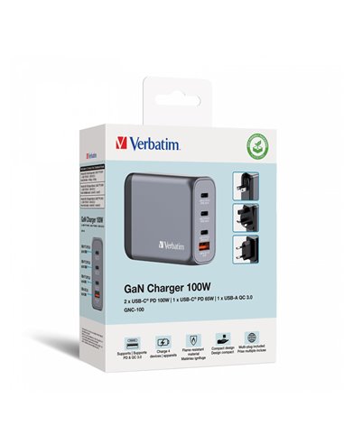 Verbatim GNC-100 GaN Charger 4 Port 100W USB AC (EU,UK,US)