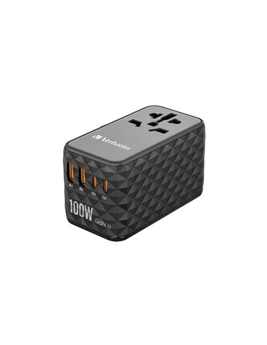 Verbatim UTA-06 GaN III Universal Travel Adapter with 2 x USB-C PD 100W   QC 4+ 2 x USB-A QC 3.0