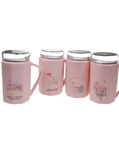 Κούπες κεραμικές "flamingo" με καπάκι κοκτέηλ 4 σχέδια Υ14xØ8εκ.