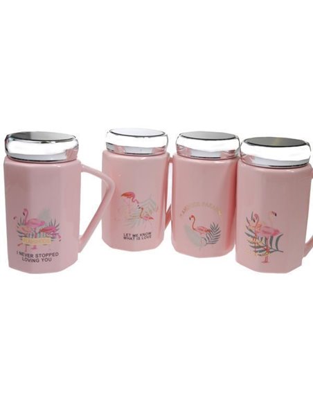 Κούπες κεραμικές "flamingo" με καπάκι κοκτέηλ 4 σχέδια Υ14xØ8εκ.