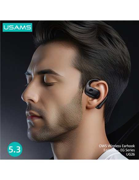 USAMS earphones με θήκη φόρτισης UG26, OWS, Φ14.2mm, 50/300mAh, μαύρα