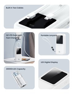 USAMS power bank US-CD212 με καλώδια, 4x έξοδοι, 20000mAh, 20W, λευκό