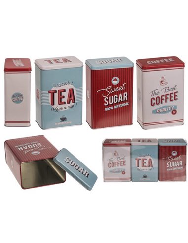Μεταλλικά κουτιά ρετρό, Καφές, Τσάι - Ζάχαρη, σετ 3 τμχ, Υ19 x11 x7,5 εκ./κουτί