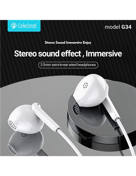 CELEBRAT earphones με μικρόφωνο G34, 3.5mm σύνδεση, 14mm, 1.2m, μαύρα