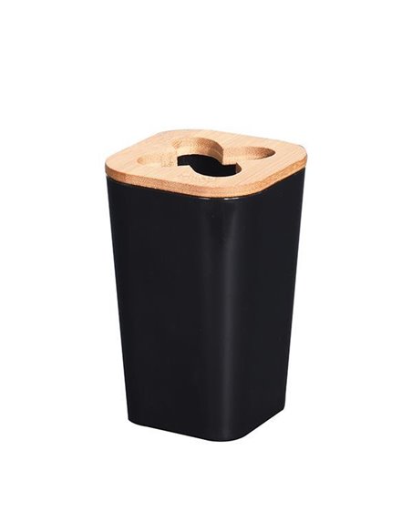 Θήκη για οδοντόβουρτσες πλαστική μαύρη με bamboo καπάκι 7,3x7,3xΥ11,5εκ.