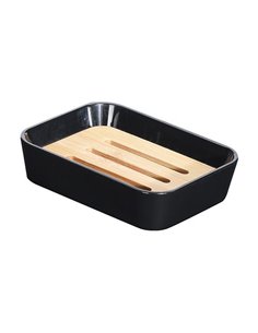 Σαπουνοθήκη πλαστική 11,9x8,9xΥ2,8εκ. μαύρη με bamboo θήκη αποστράγγισης