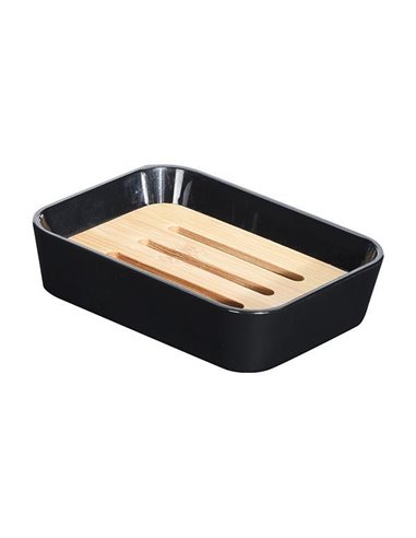 Σαπουνοθήκη πλαστική 11,9x8,9xΥ2,8εκ. μαύρη με bamboo θήκη αποστράγγισης