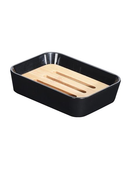 Σαπουνοθήκη πλαστική 11,9x8,9xΥ2,8εκ. μαύρη με bamboo θήκη αποστράγγισης