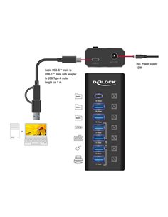 DELOCK USB hub 64326 με διακόπτες, 7x θυρών, 10Gbps, USB/USB-C σύνδεση, μαύρο