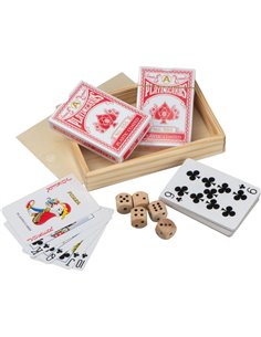 Σετ με 2 τράπουλες και 5 ζάρια σε ξύλινο κουτί 15x10,3x2,6εκ