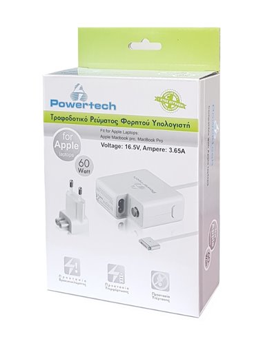 POWERTECH τροφοδοτικό laptop PT-289 για Apple, 60W, 16.5V/3.65A, λευκό