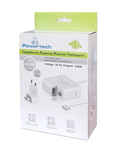 POWERTECH τροφοδοτικό laptop PT-289 για Apple, 60W, 16.5V/3.65A, λευκό