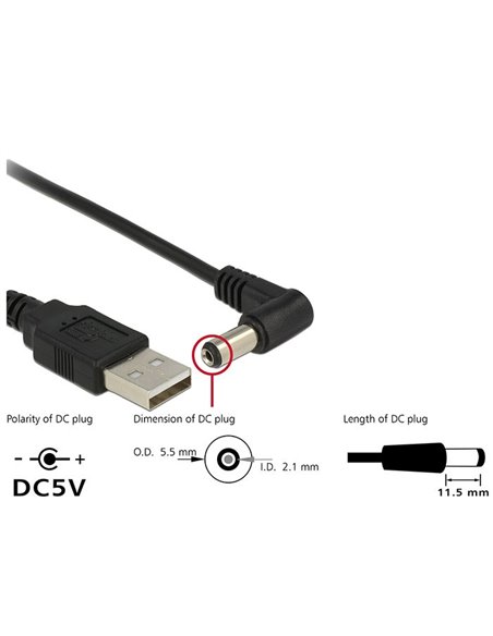 DELOCK καλώδιο USB σε DC 5.5 x 2.1mm 83578, γωνιακό, 1.5m, μαύρο