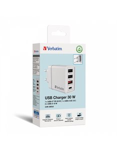 Verbatim CHR-30EU2 USB Charger 30W with 1 x USB-C® PD 20 W   1 x USB-A QC 3.0   2 x USB-A 10W White (EU) 2