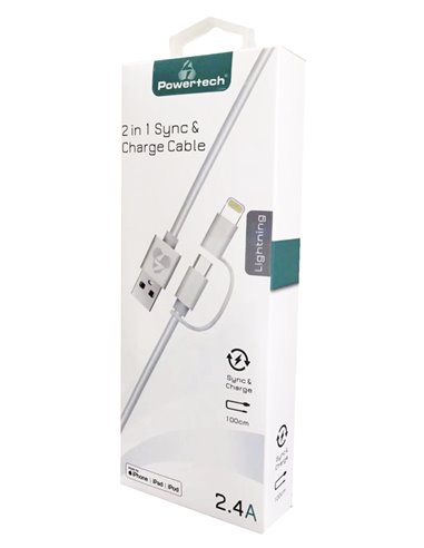 POWERTECH καλώδιο USB σε Micro/Lightning PT-707, MFi, 2.4A, 1m, λευκό