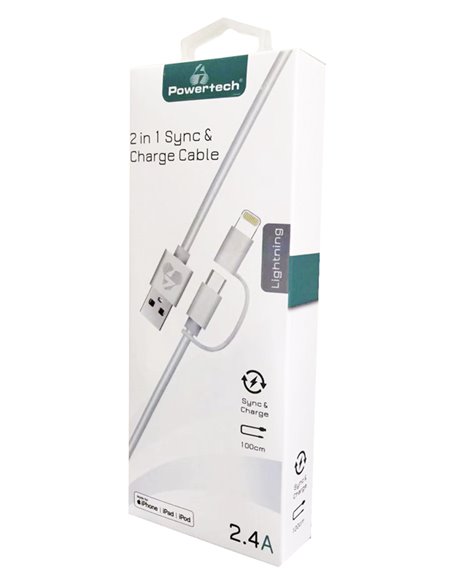 POWERTECH καλώδιο USB σε Micro/Lightning PT-707, MFi, 2.4A, 1m, λευκό