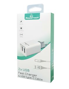 POWERTECH φορτιστής τοίχου PT-776 με καλώδιο USB-C, 2x USB, 2.1A, λευκό