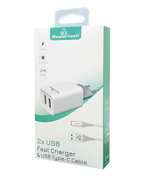 POWERTECH φορτιστής τοίχου PT-776 με καλώδιο USB-C, 2x USB, 2.1A, λευκό