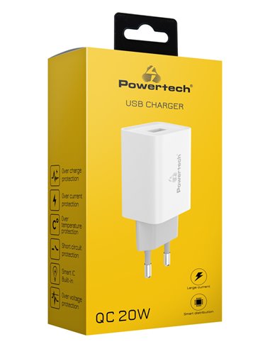 POWERTECH φορτιστής τοίχου PT-780, USB QC 3.0, 20W, 4A, λευκός