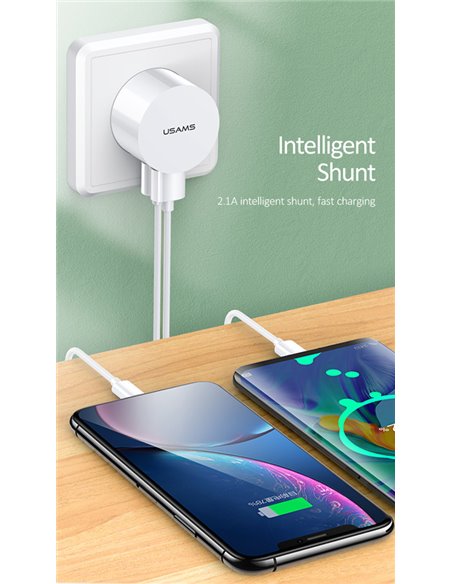 USAMS φορτιστής τοίχου T20, 2x USB, 2.1A, λευκός